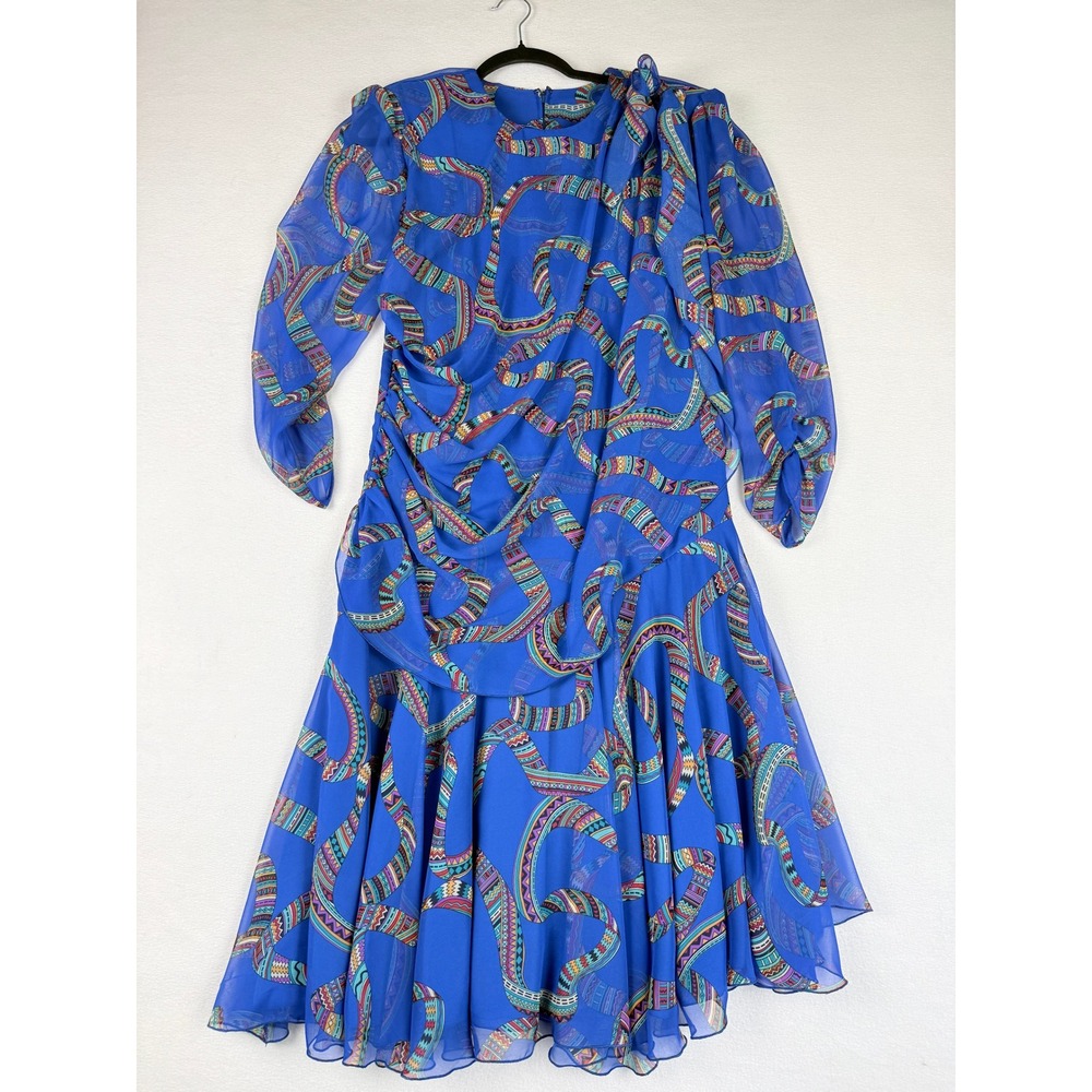 Siasia Dress Womens 10 Blue Geometric Vintage 80s Chiffon Party‎ Statement Bold